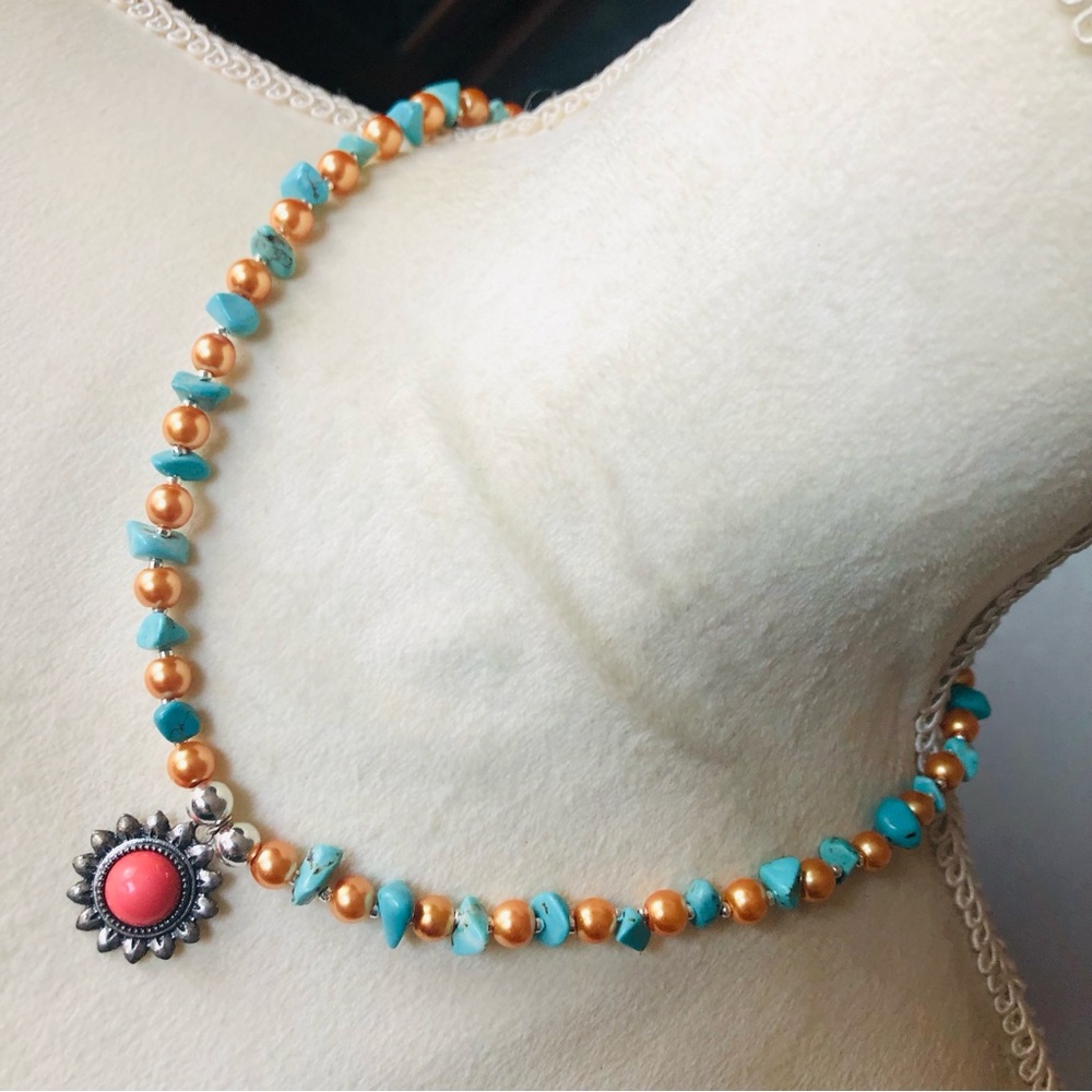 Handcrafted southwest style red coral pendant howlite stone necklace